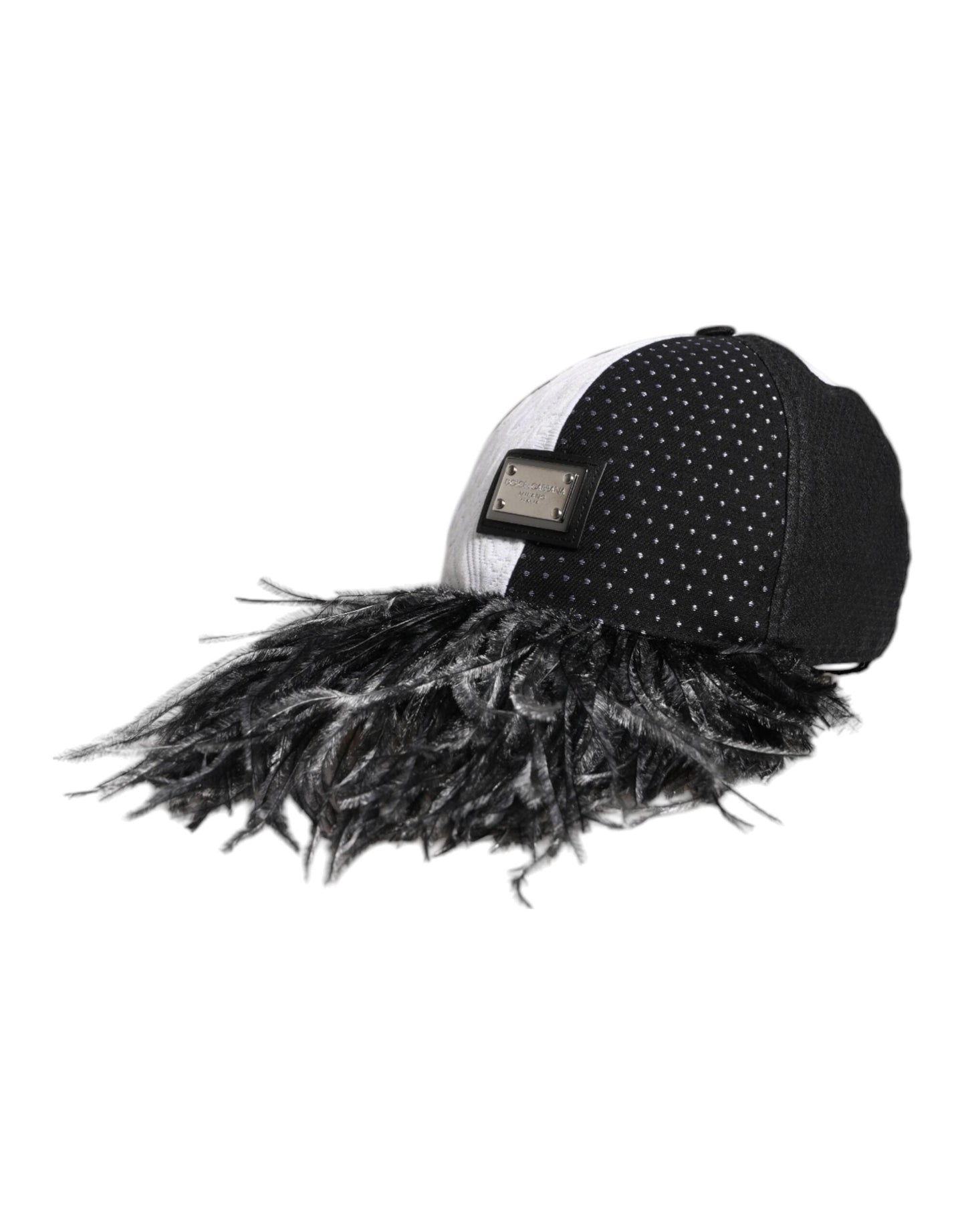 Dolce & Gabbana White Black Polka Dot Feathers Baseball Women's Cap