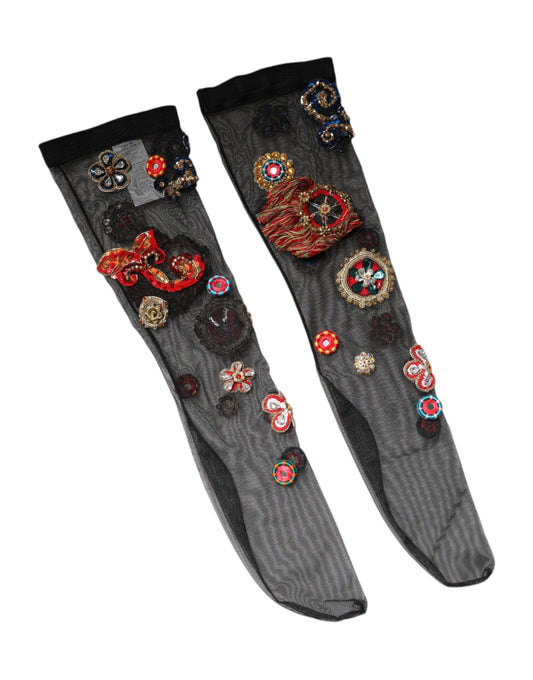 Dolce & Gabbana Black Stretch Carretto Crystal Stockings Women's Socks