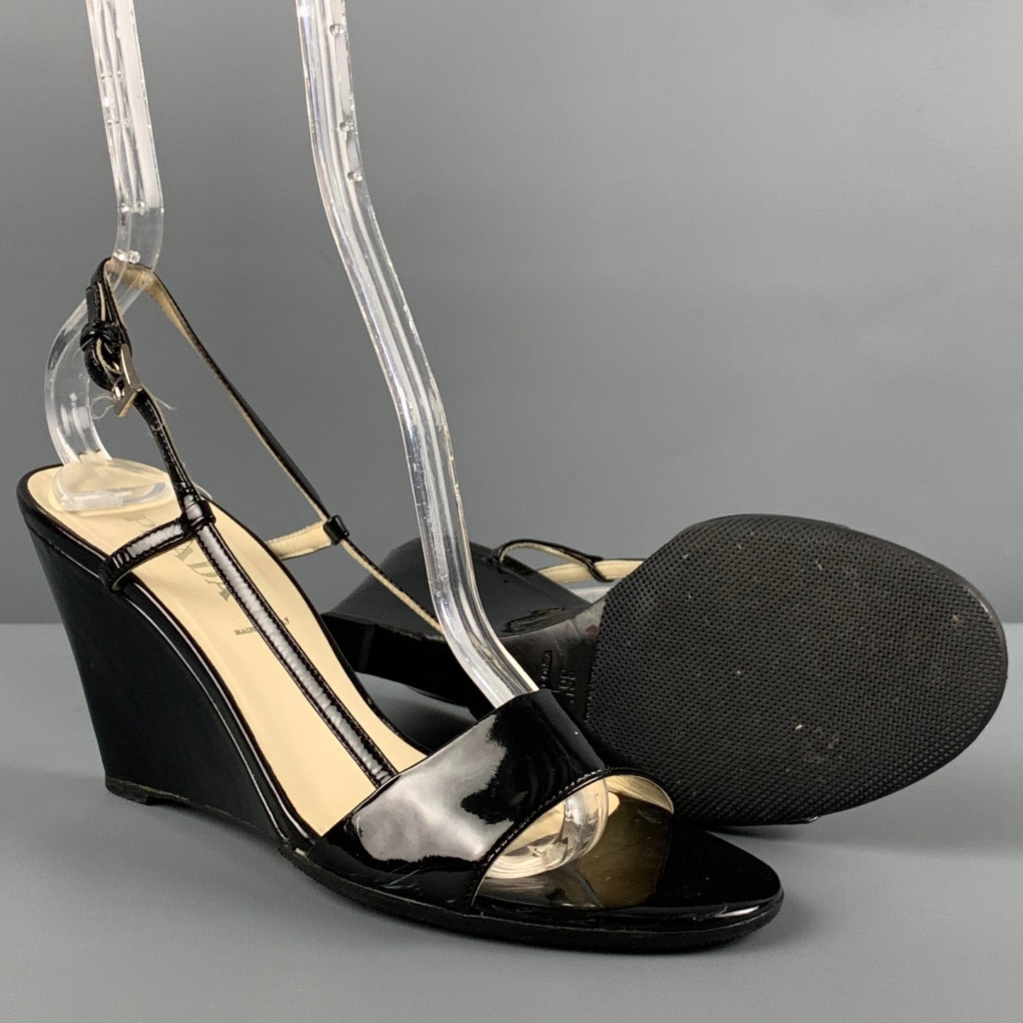 PRADA Size 6.5 Black Patent Leather Slingback Wedges