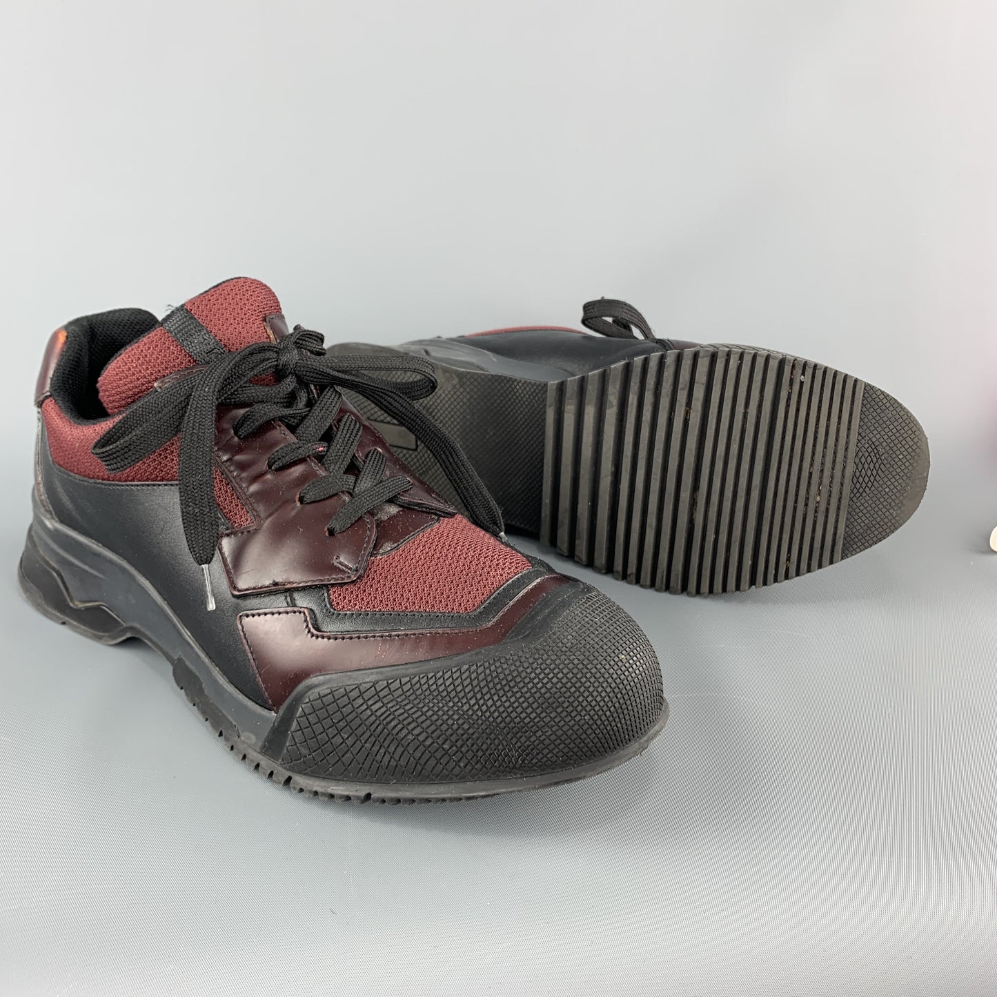 PRADA Size 8.5 Black & Burgundy Leather & Mesh Chunky Lace Up Sneakers
