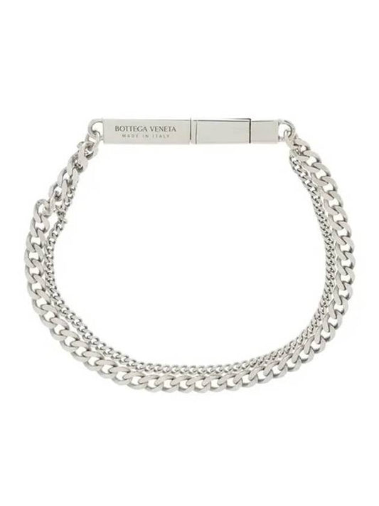 Bottega Veneta Engraved Logo Double Chain Bracelet Silver