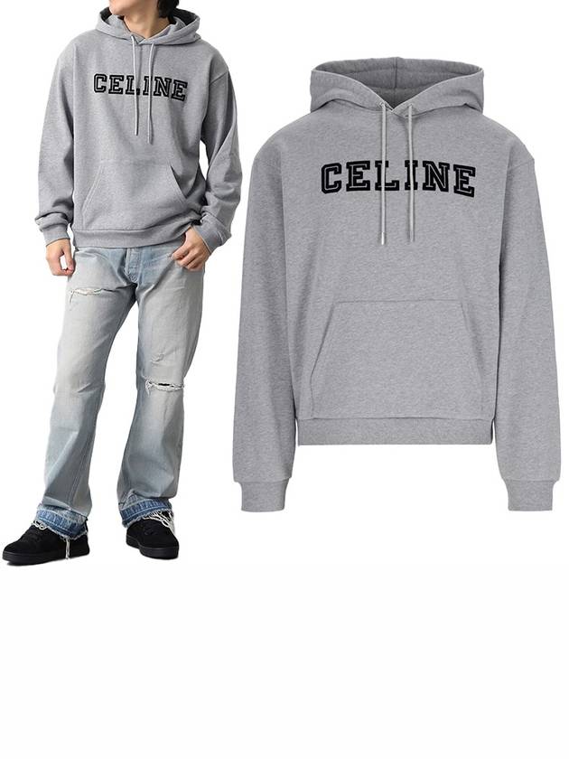 CELINE Logo Loose Cotton Fleece Hoodie Grey