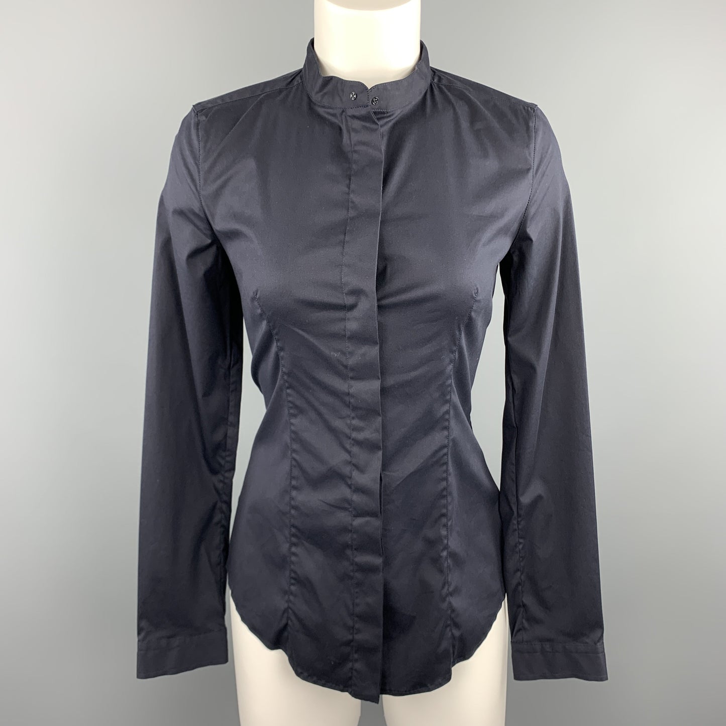 PRADA Size 4 Navy Stretch Cotton Band Collar Shirt