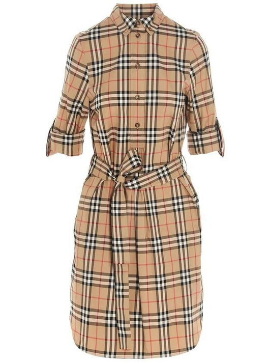 Burberry Vintage Check Stretch Cotton Tie-Waist Shirt Dress Beige