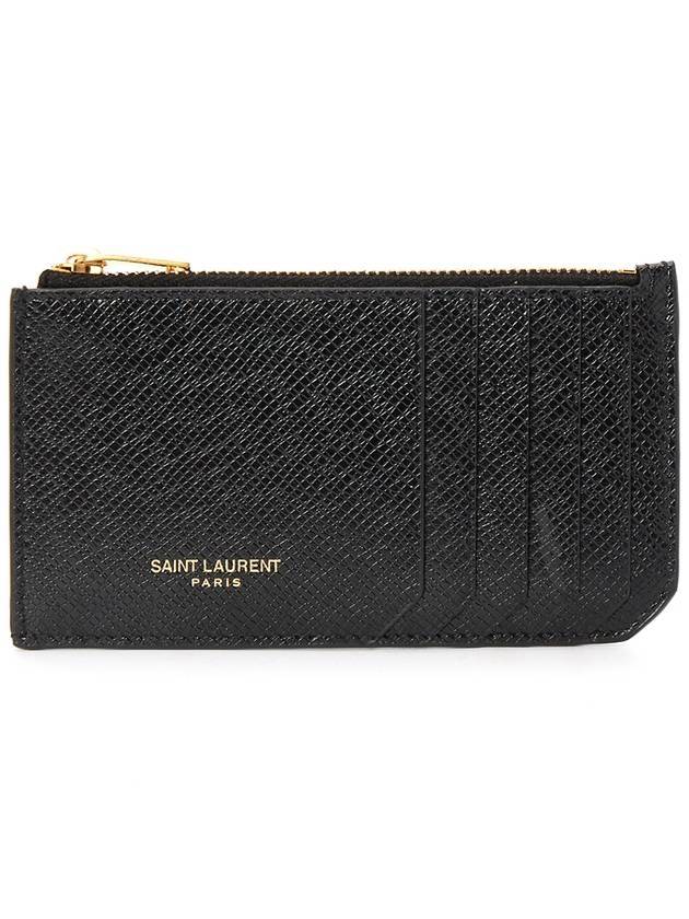 Saint Laurent Coated Bark Leather Fragment Zipper Card Wallet Black