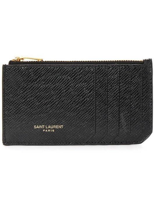 Saint Laurent Coated Bark Leather Fragment Zipper Card Wallet Black