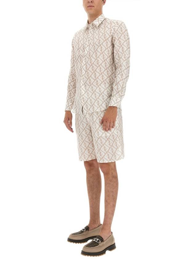 Fendi Logo Monogram Linen Bermuda Shorts Beige