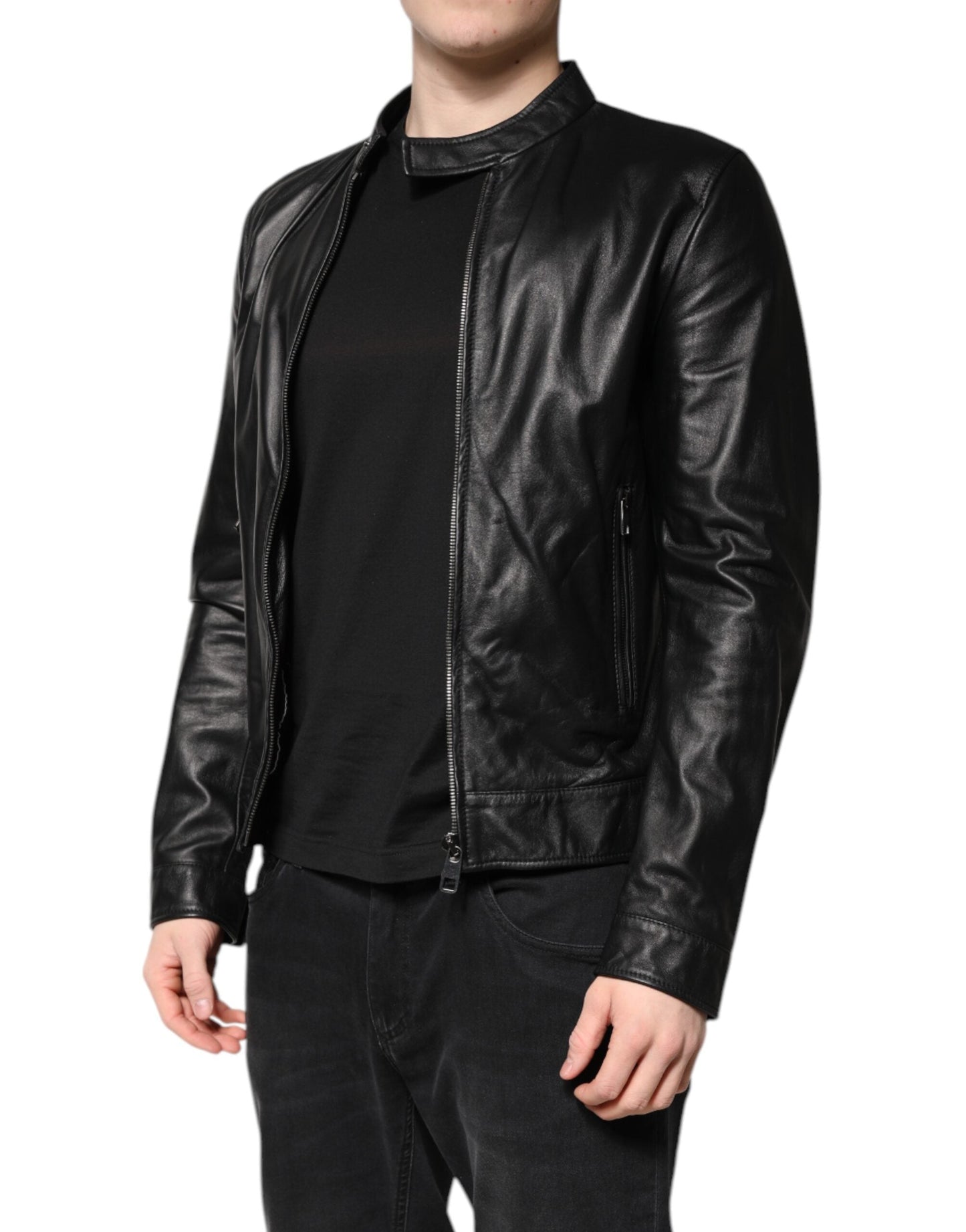 Dolce & Gabbana Black Sheep Leather Biker Full Zip Men's Jacket