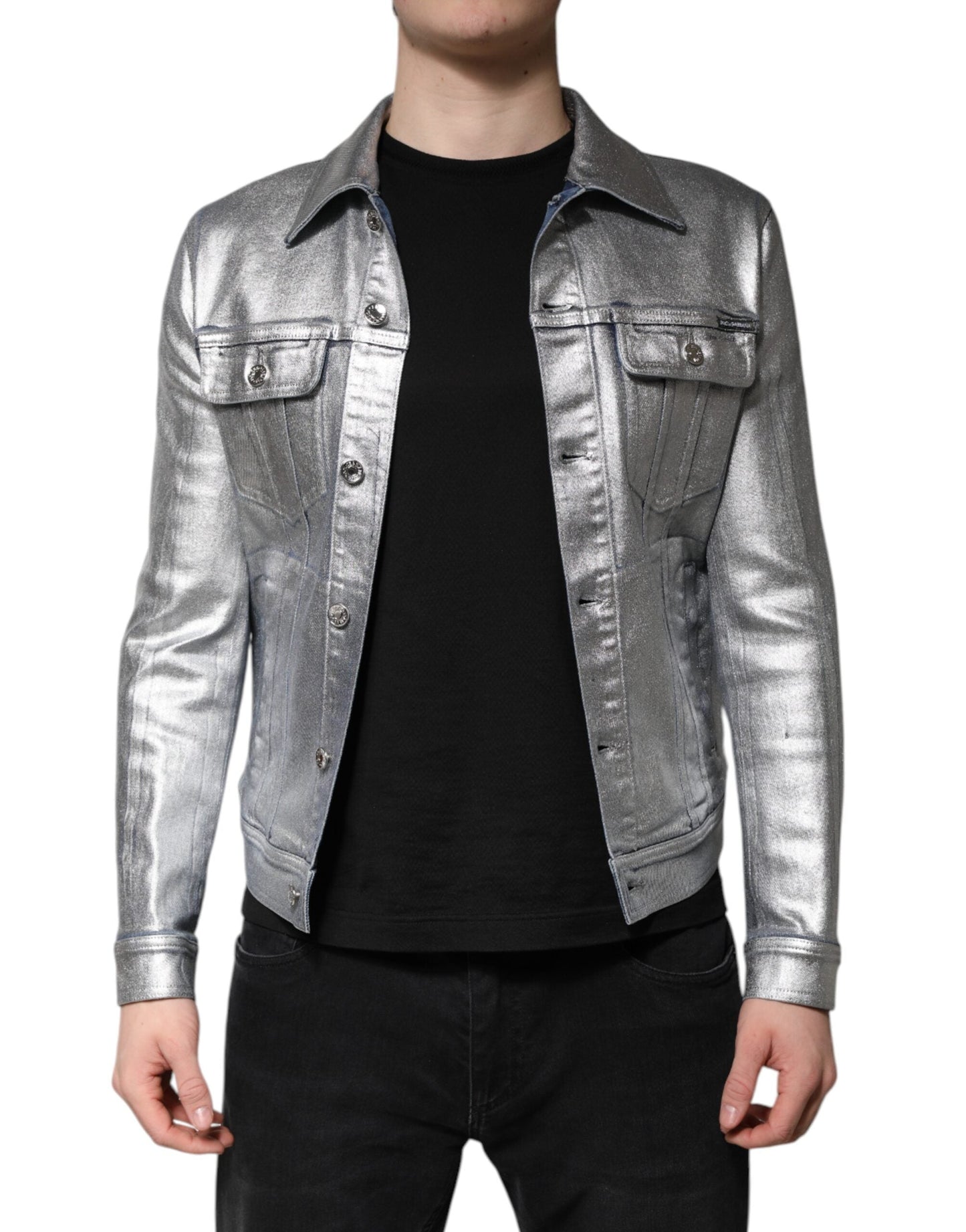 Dolce & Gabbana Silver Cotton Button Down Denim Biker Men's Jacket ()
