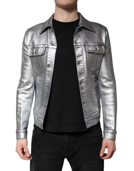 Dolce & Gabbana Silver Cotton Button Down Denim Biker Men's Jacket ()