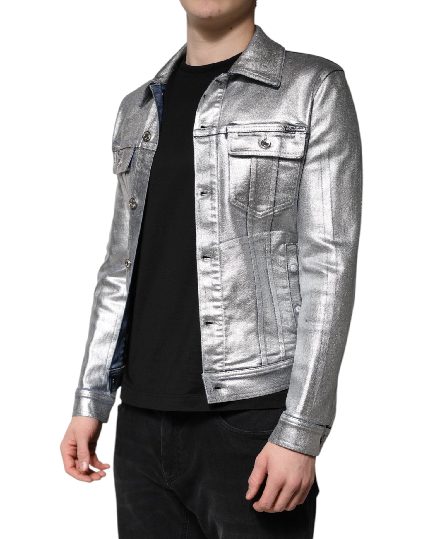 Dolce & Gabbana Silver Cotton Button Down Denim Biker Men's Jacket ()