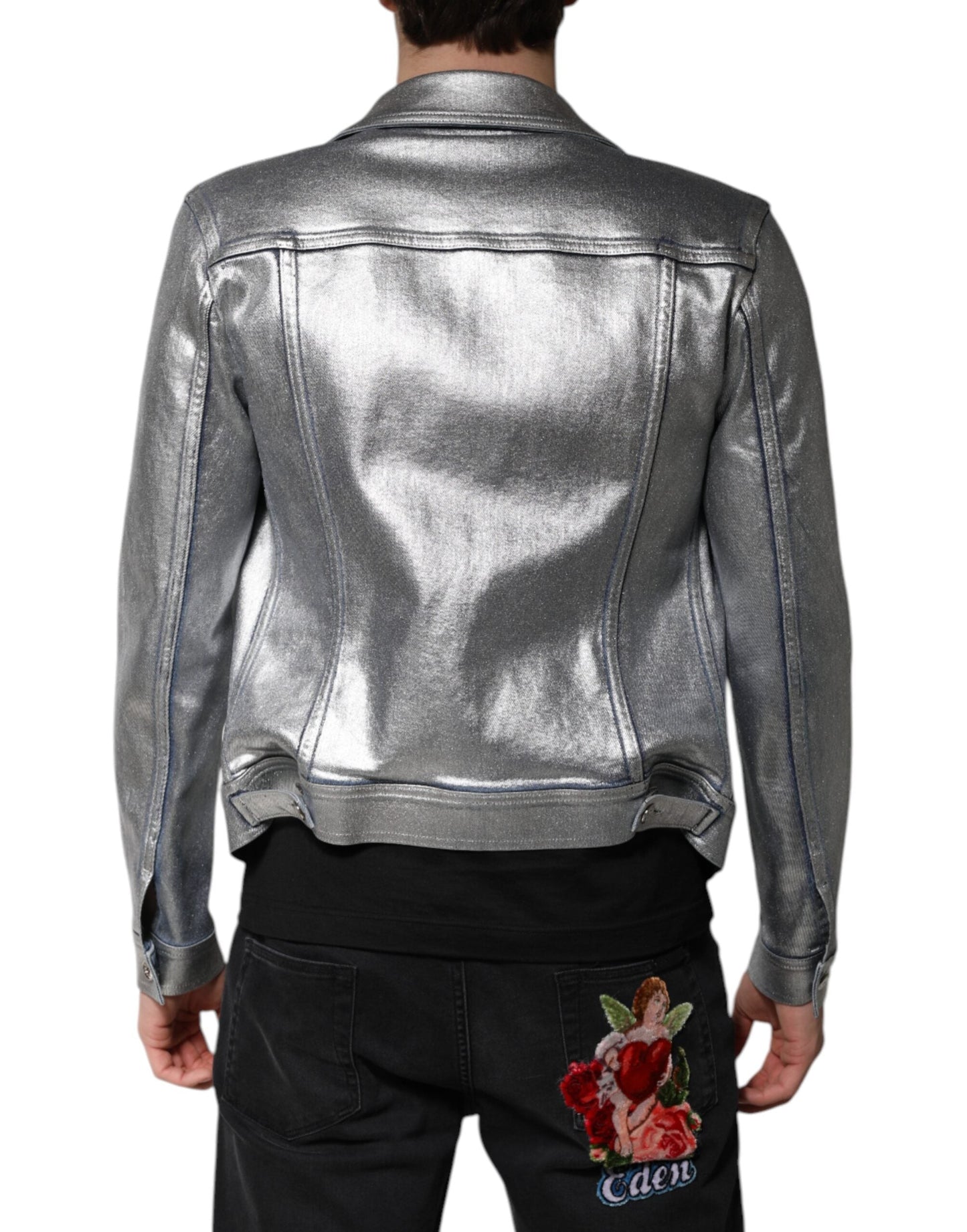 Dolce & Gabbana Silver Cotton Button Down Denim Biker Men's Jacket ()