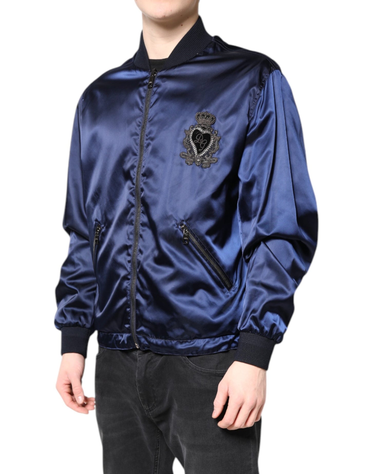 Dolce & Gabbana Blue Nylon DG Crown Full Zip Bomber Men's Jacket ()