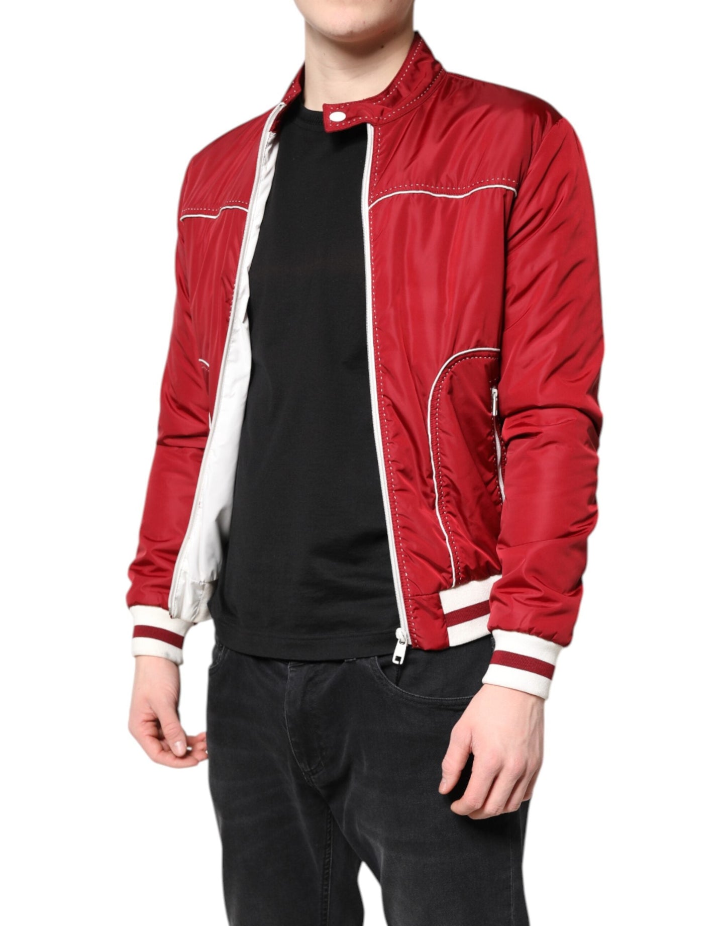 Dolce & Gabbana Red White Nylon Full Zip Men Bomber Men's Jacket