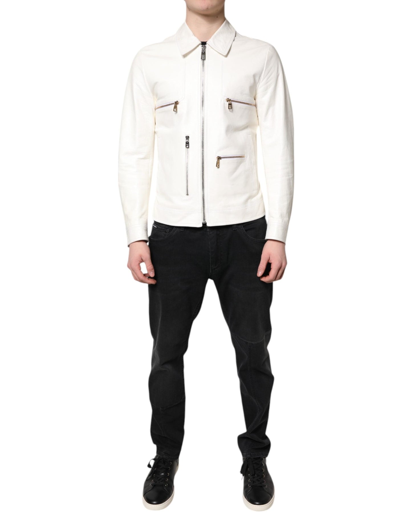 Dolce & Gabbana White Collared Full Zip Biker Coat Men's Jacket