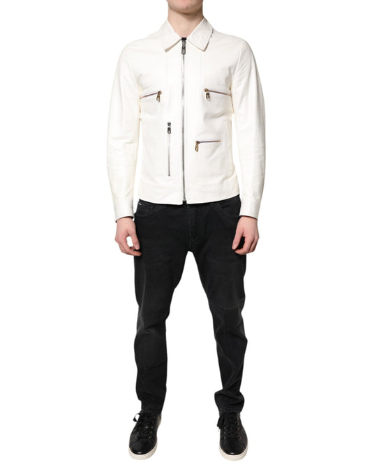 Dolce & Gabbana White Collared Full Zip Biker Coat Men's Jacket