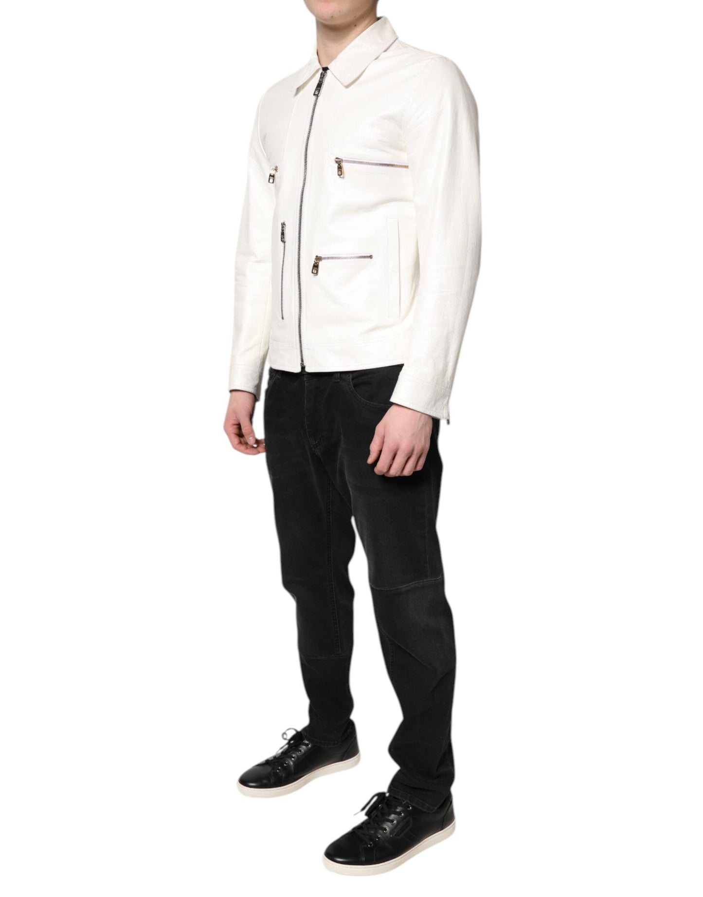 Dolce & Gabbana White Collared Full Zip Biker Coat Men's Jacket
