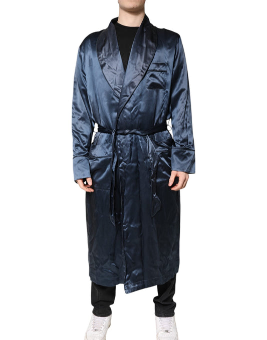 Dolce & Gabbana Blue Solid Silk Men Wrap Robe Coat Men's Jacket ()