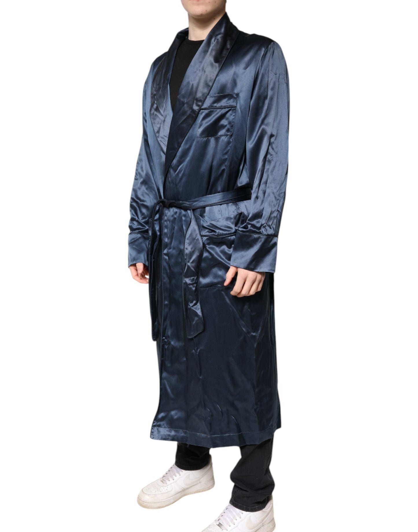 Dolce & Gabbana Blue Solid Silk Men Wrap Robe Coat Men's Jacket ()