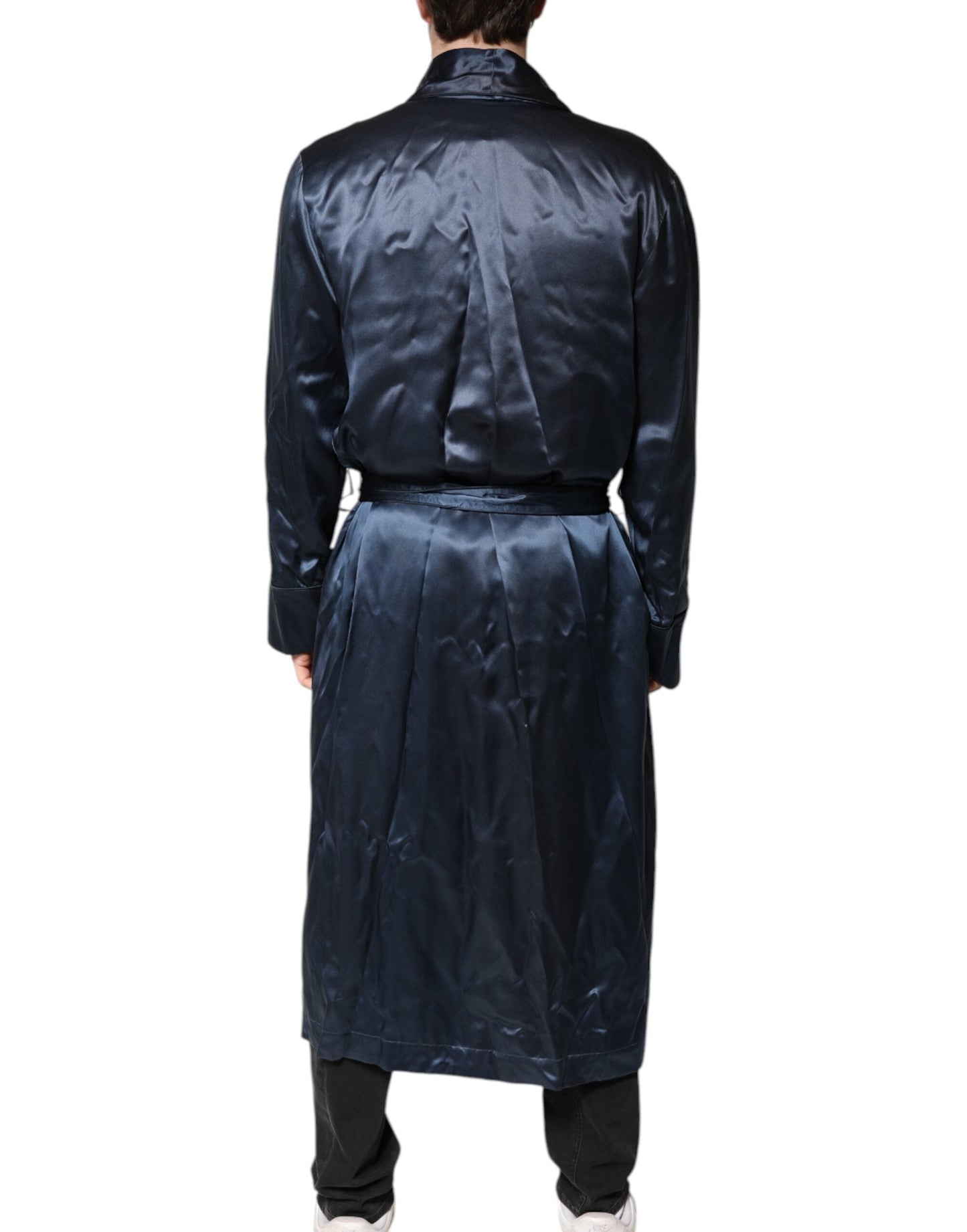 Dolce & Gabbana Blue Solid Silk Men Wrap Robe Coat Men's Jacket ()