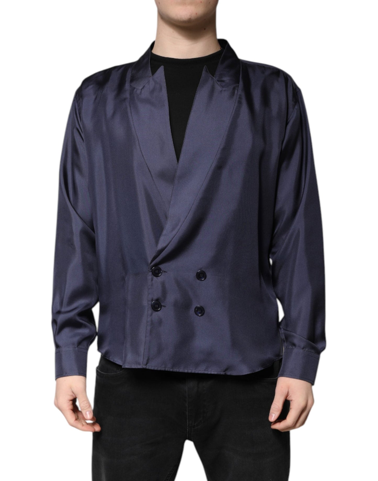 Dolce & Gabbana Dark Blue Silk Double Breasted Men's Shirt ()