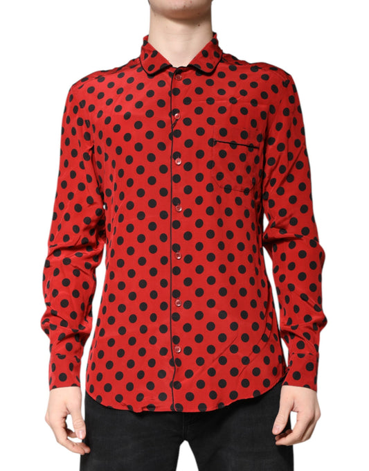 Dolce & Gabbana Red Polka Dot Silk Long Sleeve Men's Shirt