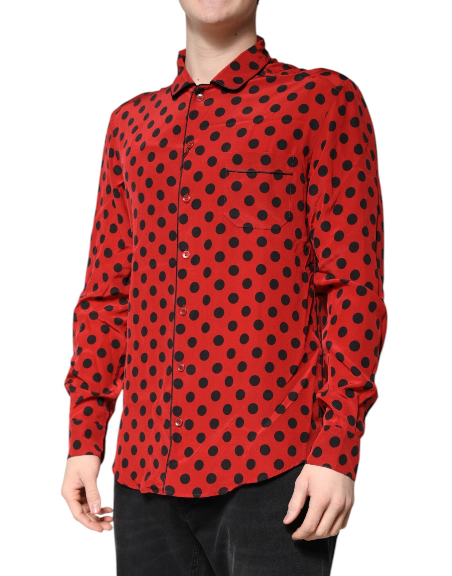 Dolce & Gabbana Red Polka Dot Silk Long Sleeve Men's Shirt
