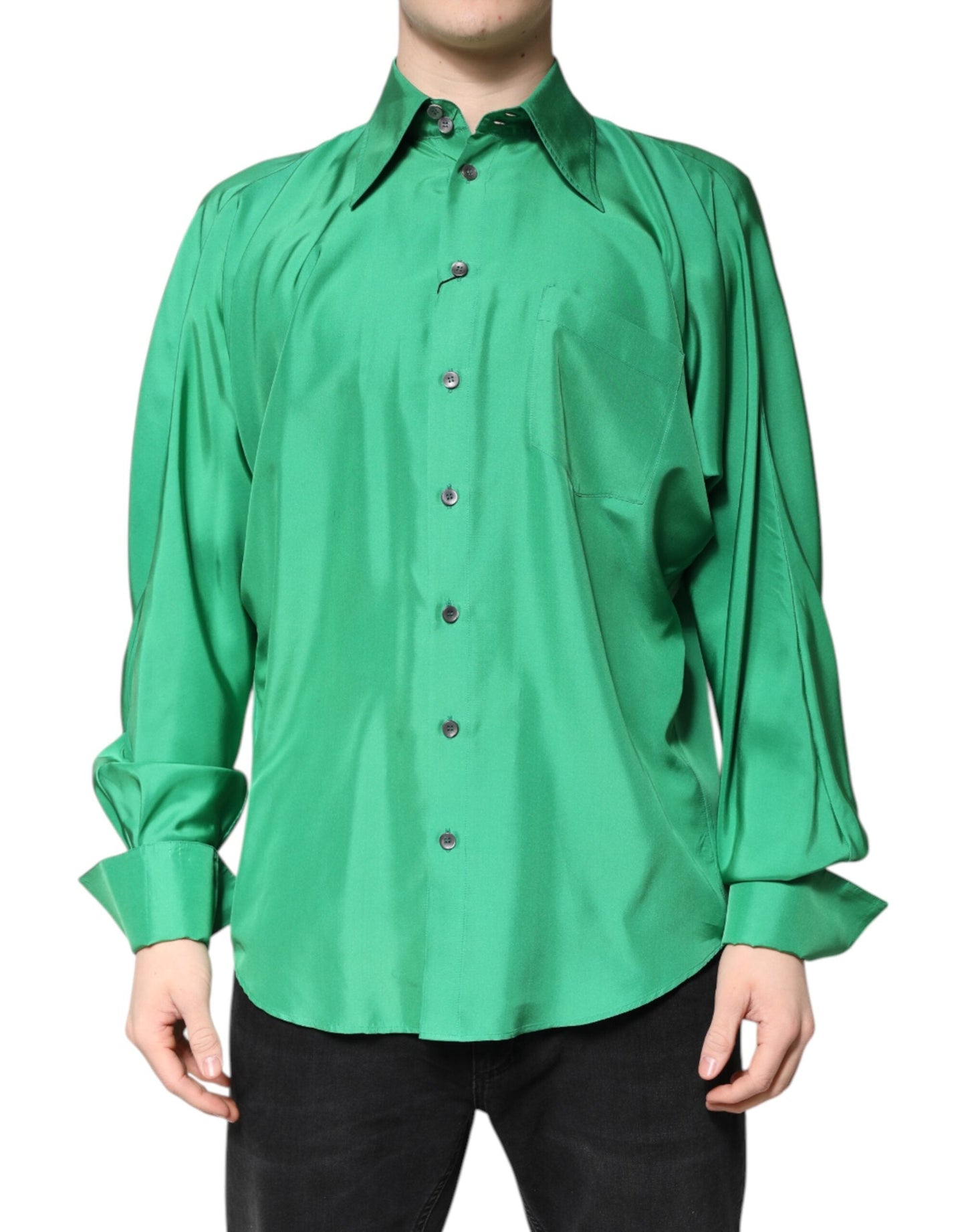 Dolce & Gabbana Green Silk Satin Long Sleeves Casual Men's Shirt ()