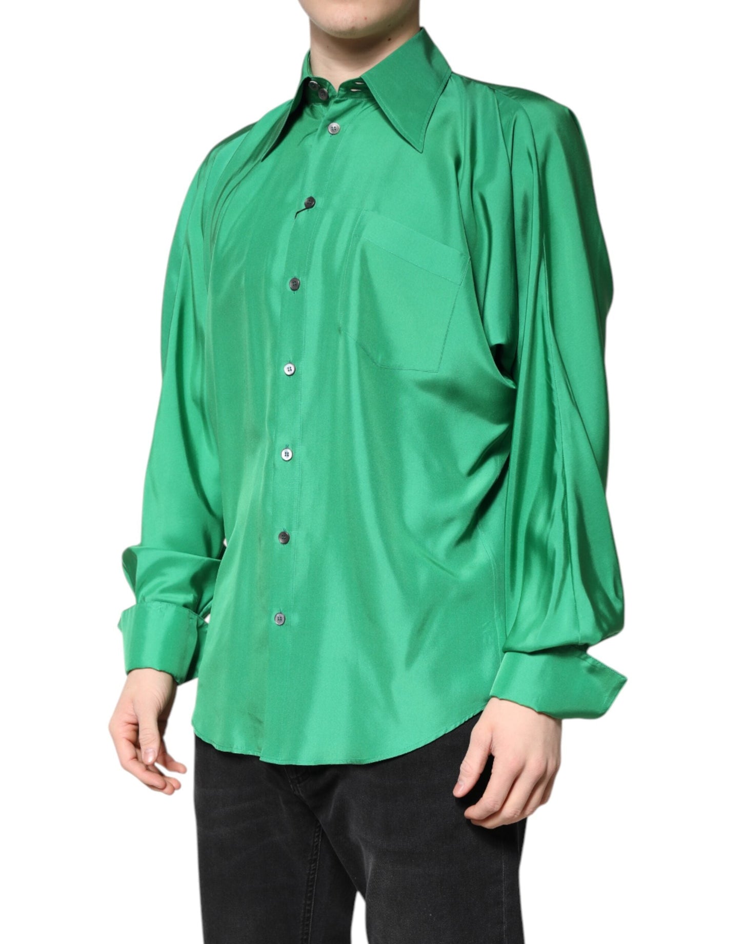 Dolce & Gabbana Green Silk Satin Long Sleeves Casual Men's Shirt ()