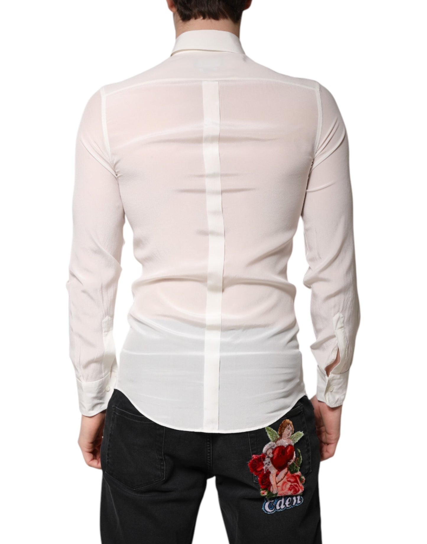 Dolce & Gabbana White Silk GOLD Dress Formal Collared Men's Shirt ()