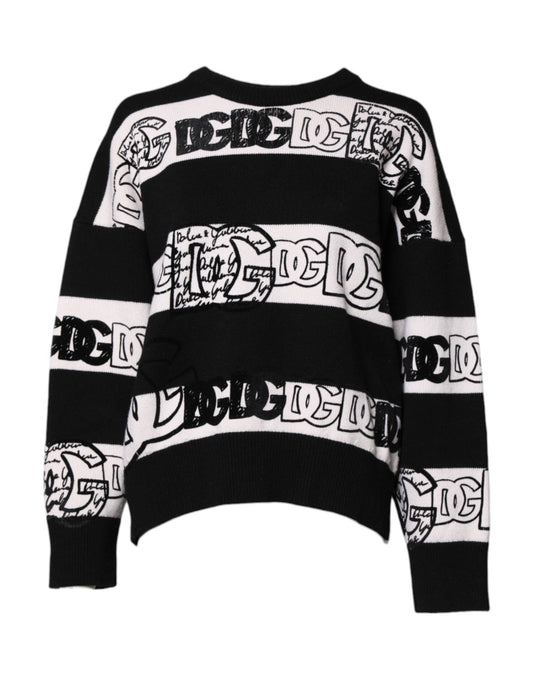 Dolce & Gabbana Black White Logo Print Wool Pullover Women's Sweater