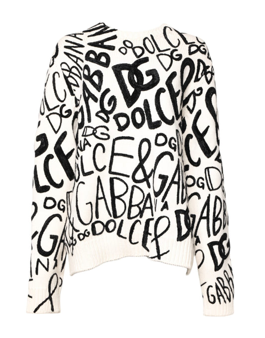 Dolce & Gabbana White Black Logo Print Women Pullover Women's Sweater