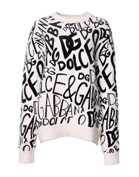 Dolce & Gabbana White Black Logo Print Women Pullover Women's Sweater