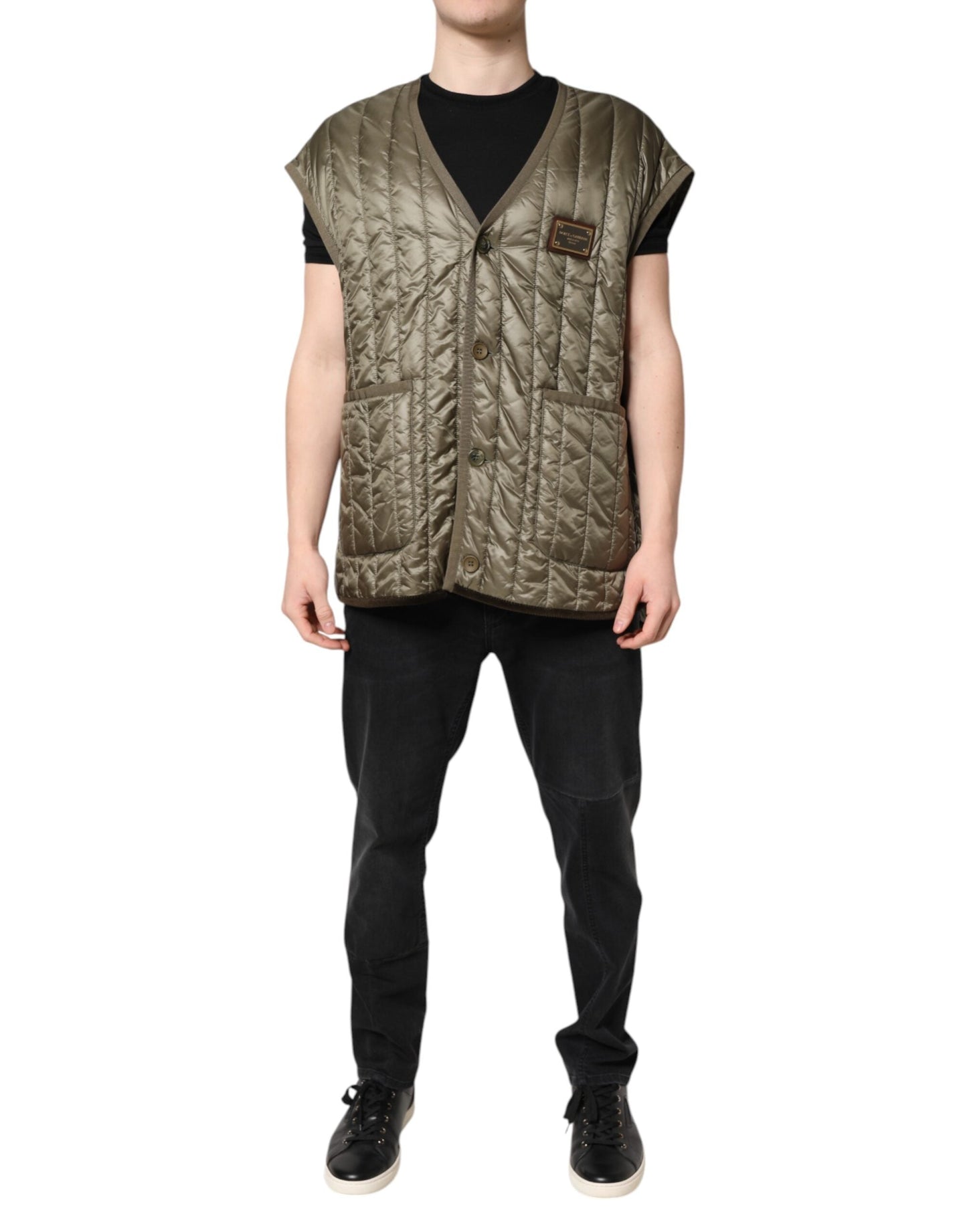 Dolce & Gabbana Brown Logo Plaque Quilted Vest Men's Jacket