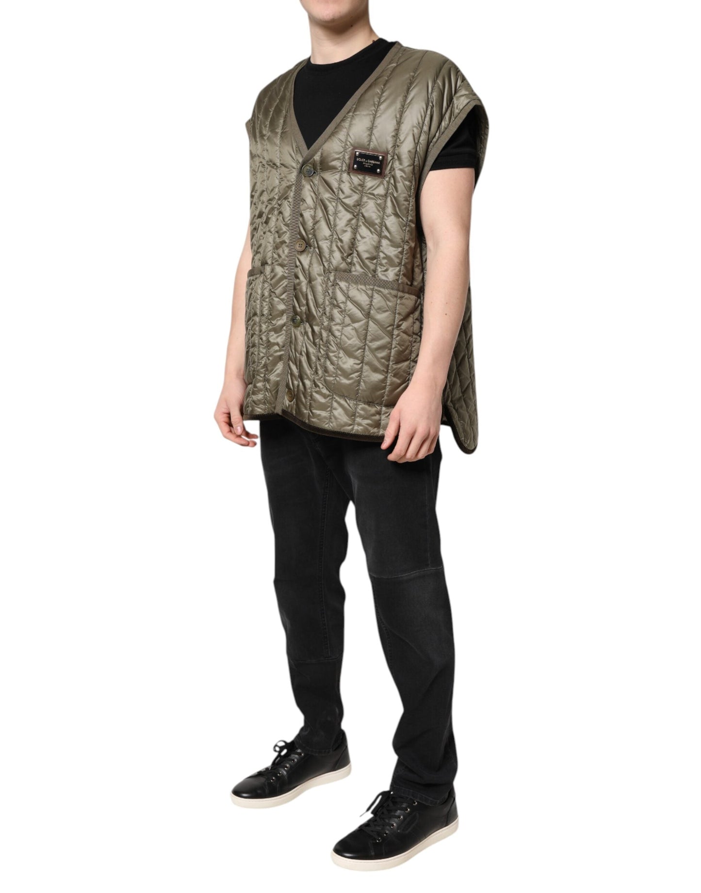 Dolce & Gabbana Brown Logo Plaque Quilted Vest Men's Jacket