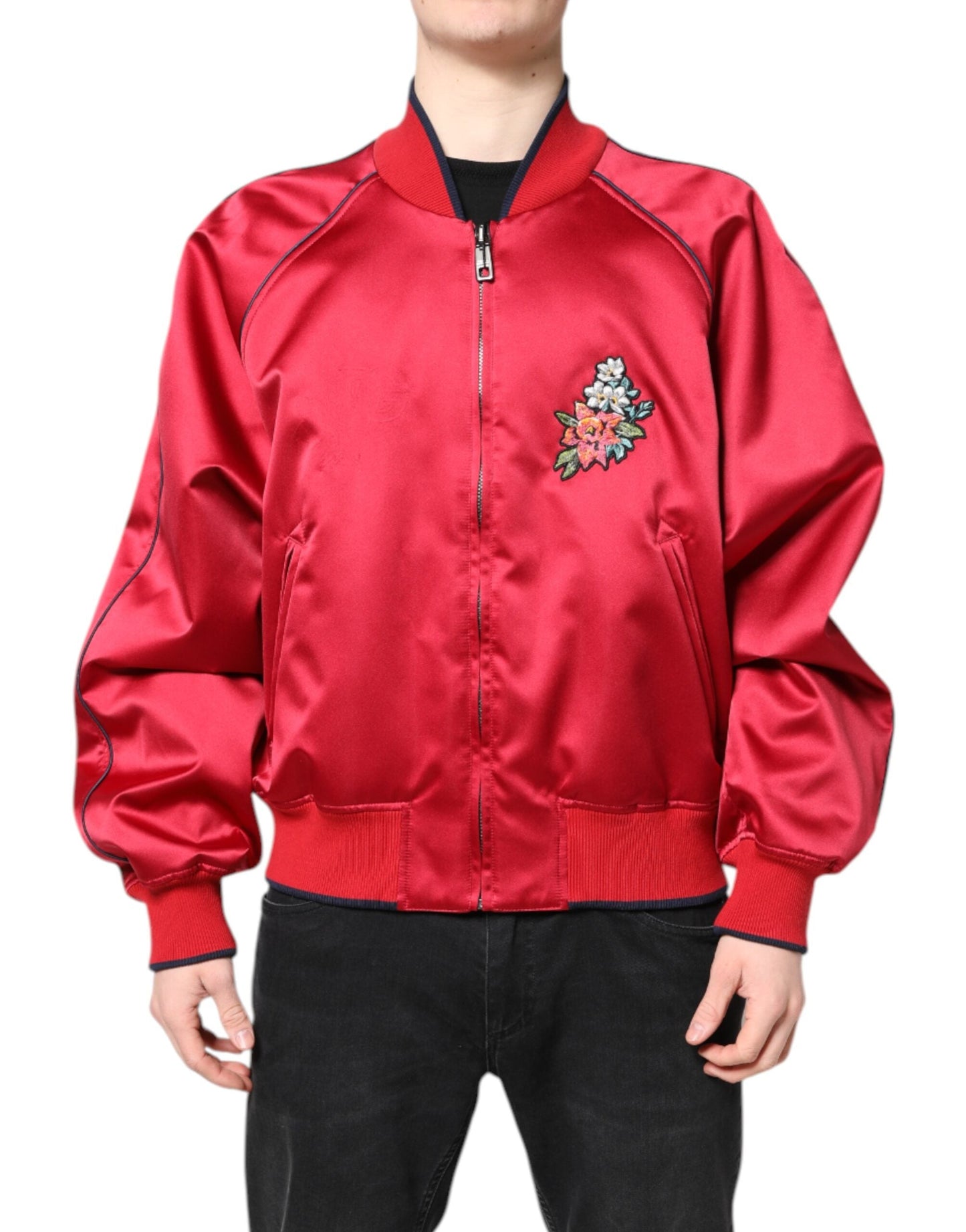 Dolce & Gabbana Red Floral Patch Full Zip Men Bomber Men's Jacket ()