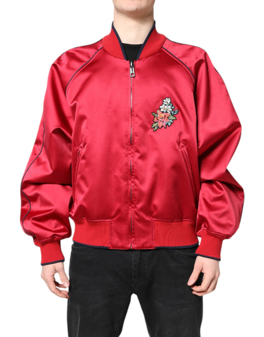 Dolce & Gabbana Red Floral Patch Full Zip Men Bomber Men's Jacket ()