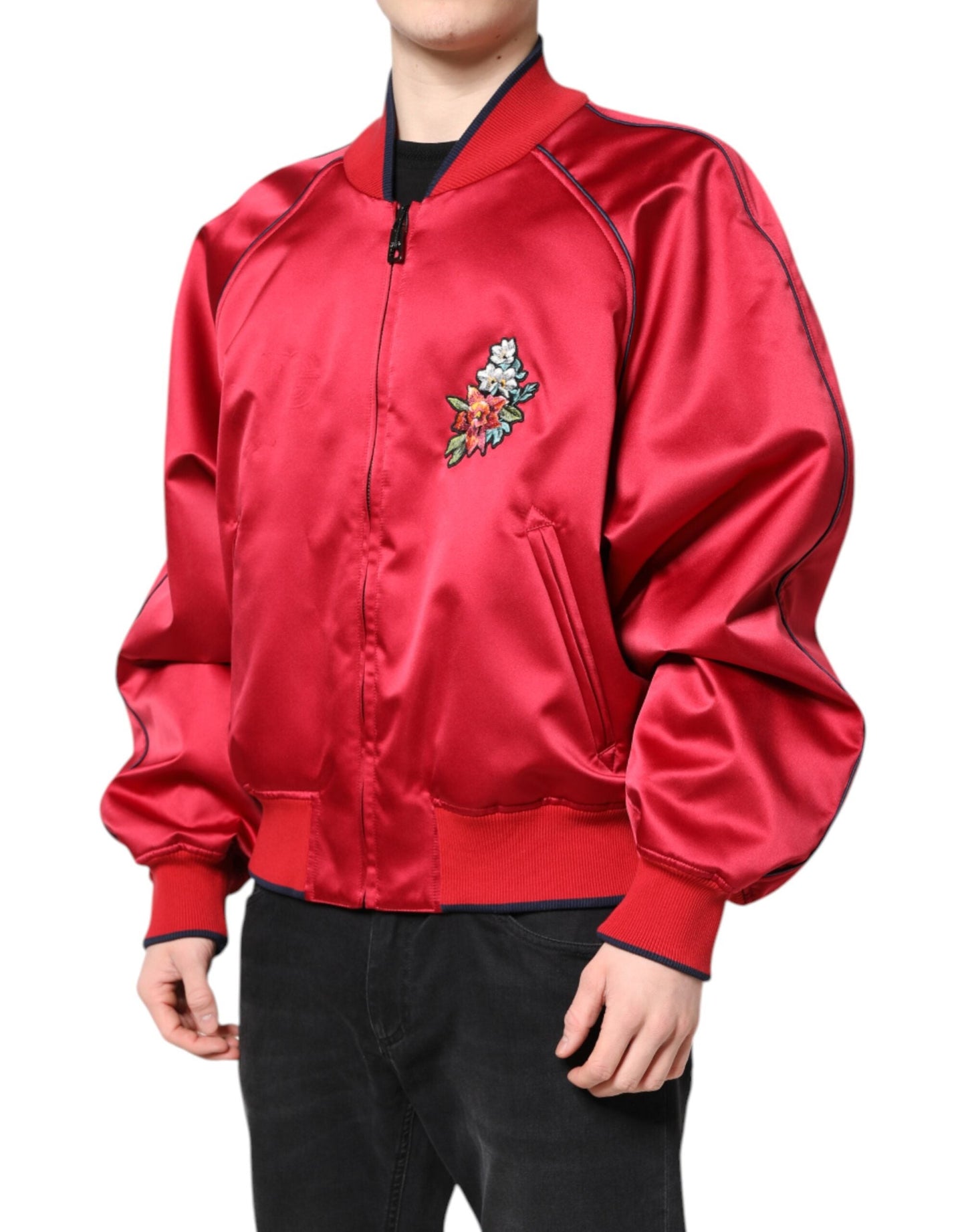 Dolce & Gabbana Red Floral Patch Full Zip Men Bomber Men's Jacket ()