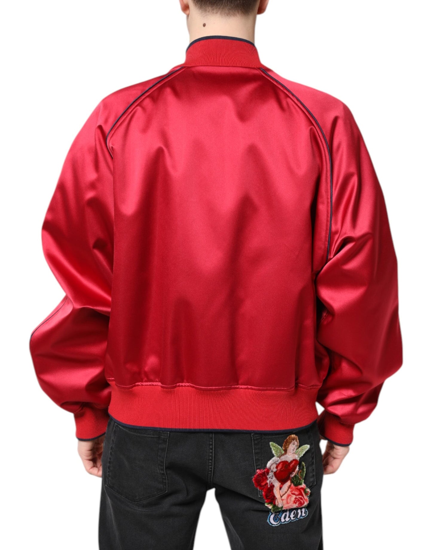 Dolce & Gabbana Red Floral Patch Full Zip Men Bomber Men's Jacket ()