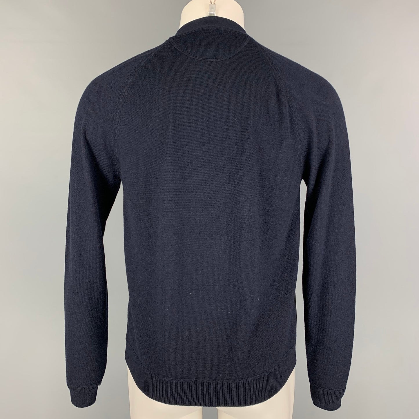 PRADA Size S Navy Brown Color Block Wool Leather V-Neck Cardigan