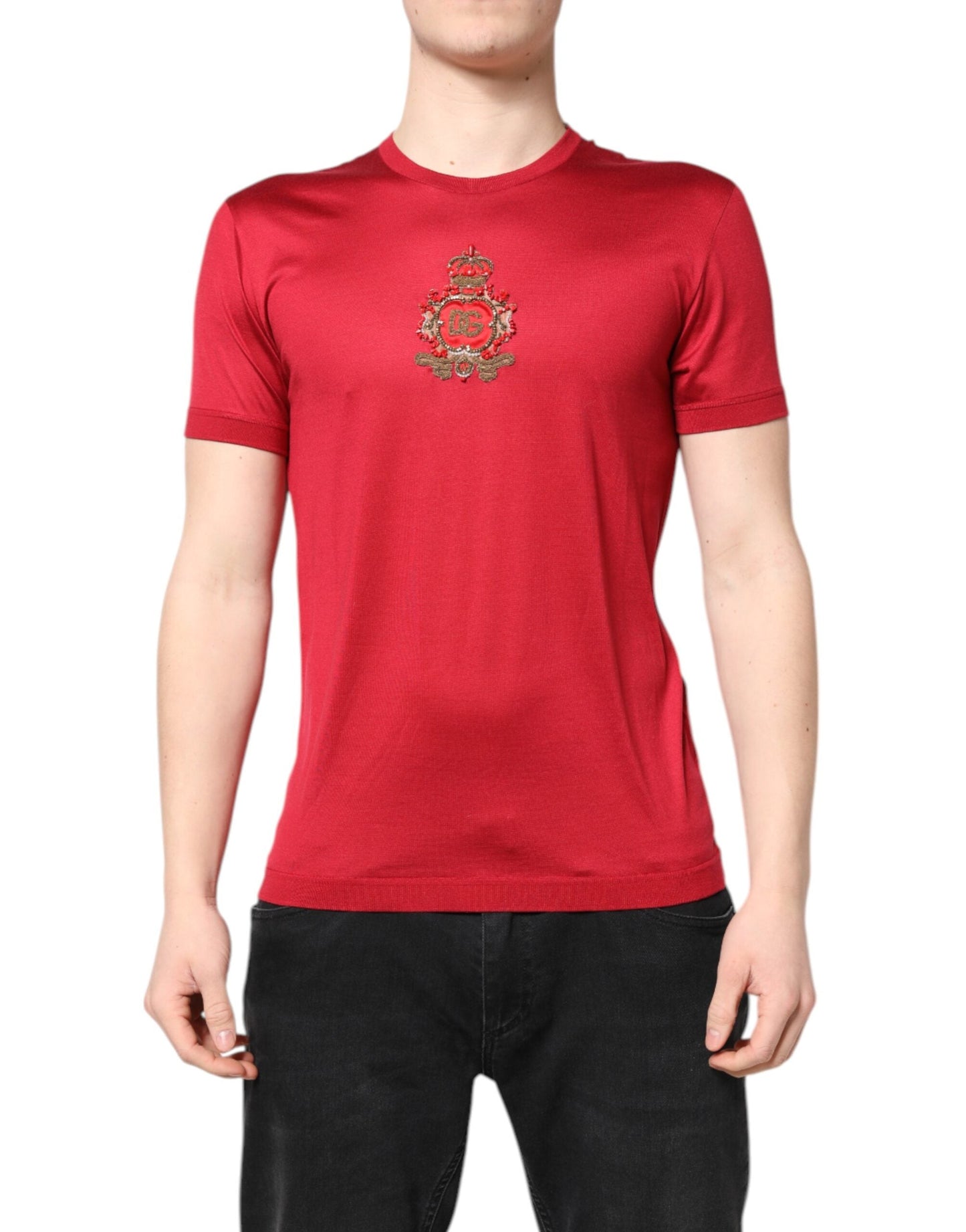 Dolce & Gabbana Red Silk DG Crown Logo Short Sleeve Men's T-shirt ()