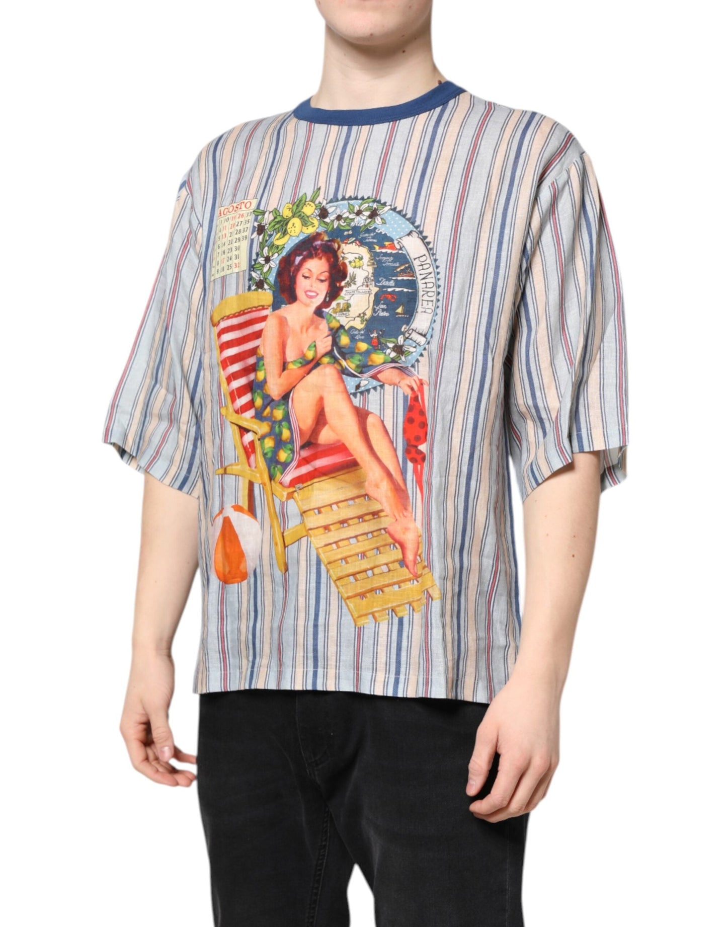 Dolce & Gabbana Multicolor Striped Pin Up Linen Round Neck Men's T-shirt