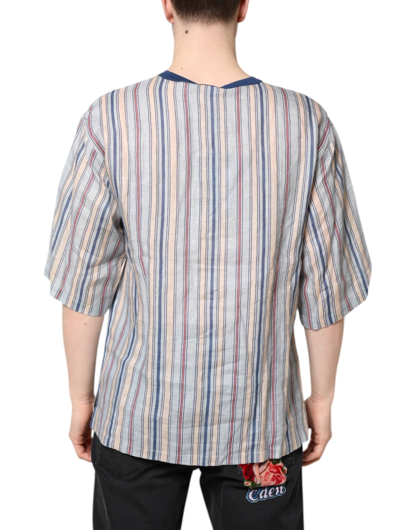 Dolce & Gabbana Multicolor Striped Pin Up Linen Round Neck Men's T-shirt