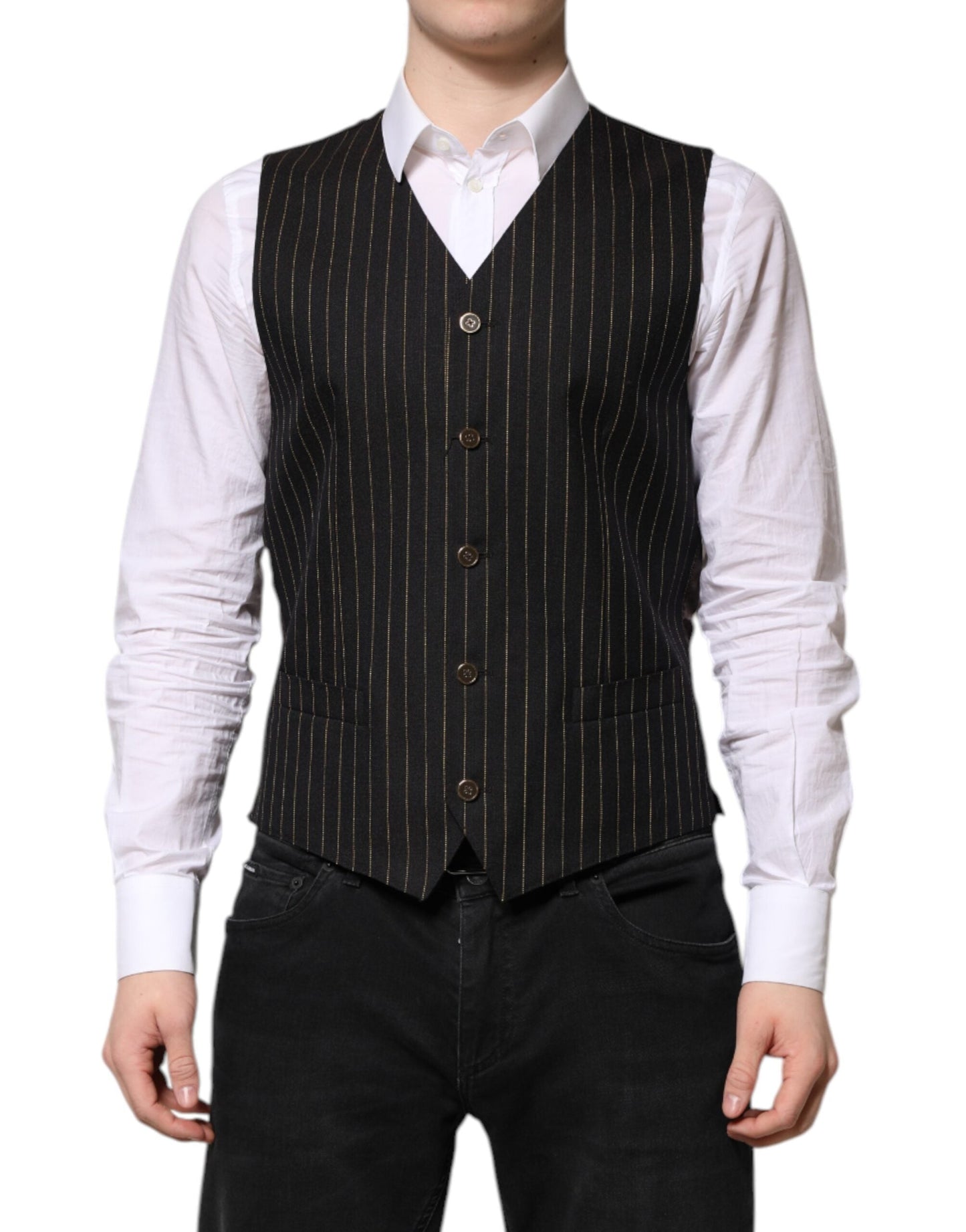 Dolce & Gabbana Black Stripes Wool Formal Men Waistcoat Men's Vest