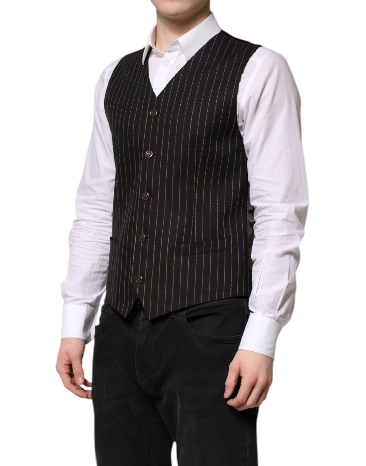 Dolce & Gabbana Black Stripes Wool Formal Men Waistcoat Men's Vest