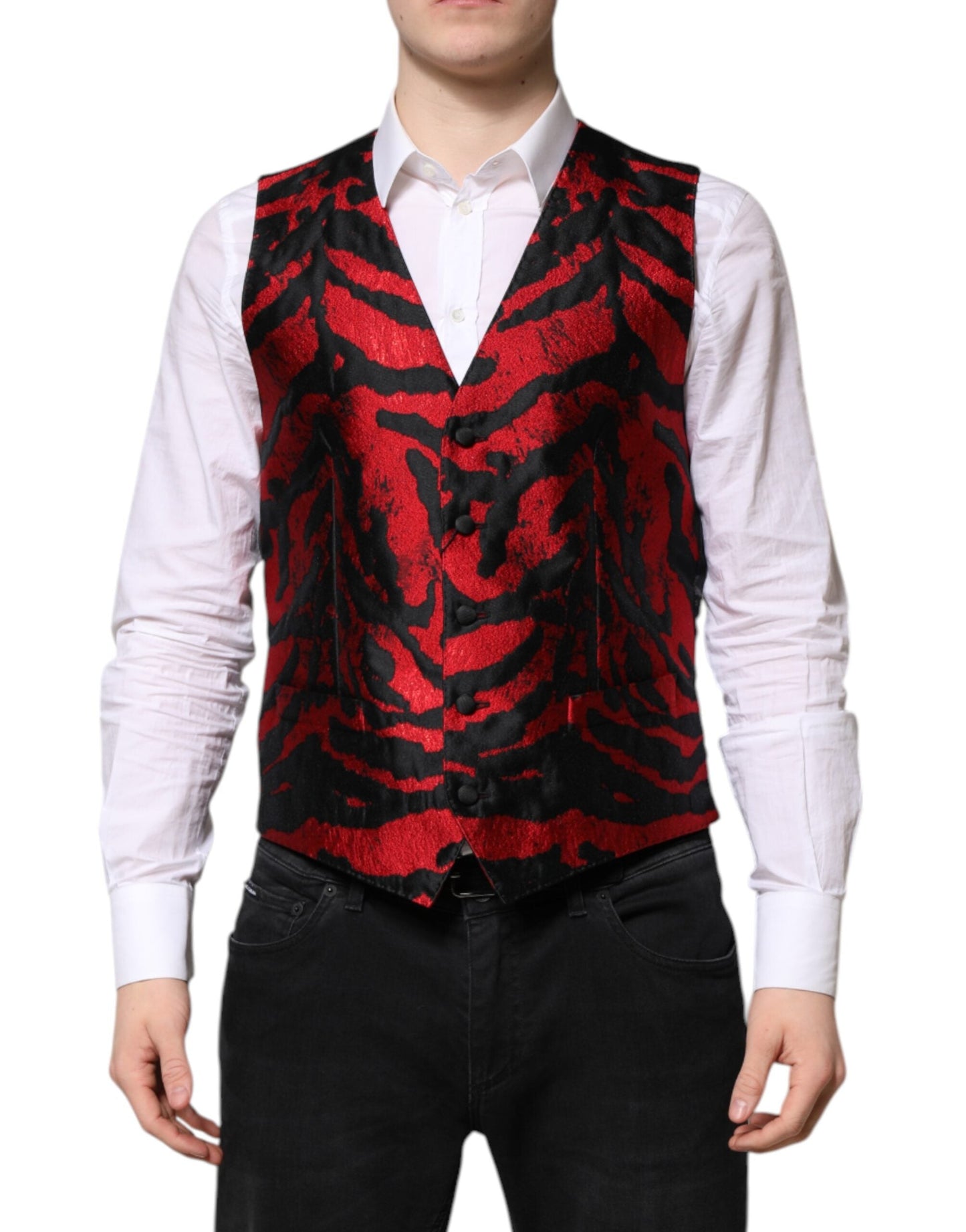 Dolce & Gabbana Red Black Stripe Dress Formal Waistcoat Men's Vest