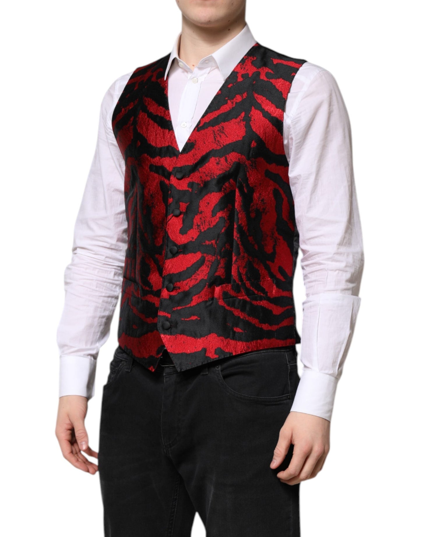 Dolce & Gabbana Red Black Stripe Dress Formal Waistcoat Men's Vest