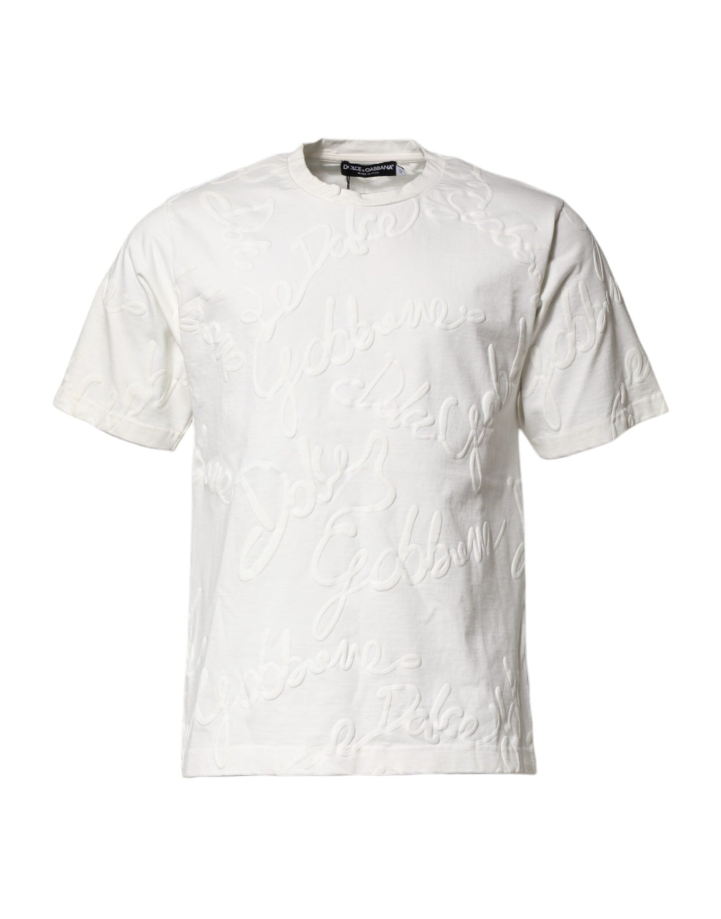 Dolce & Gabbana White Cotton Logo Embossed Crew Neck Men's T-shirt