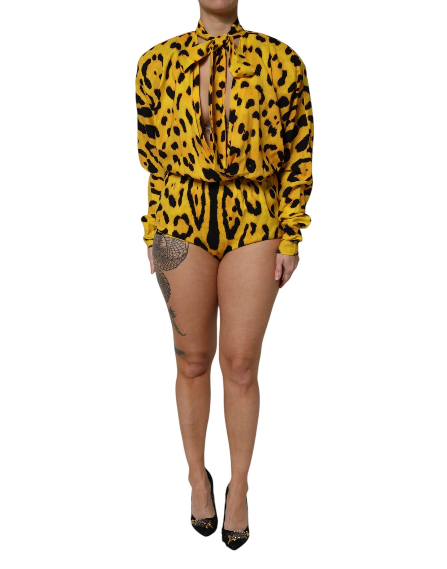 Dolce & Gabbana Yellow Leopard Long Sleeves Jumpsuit Women's Dress