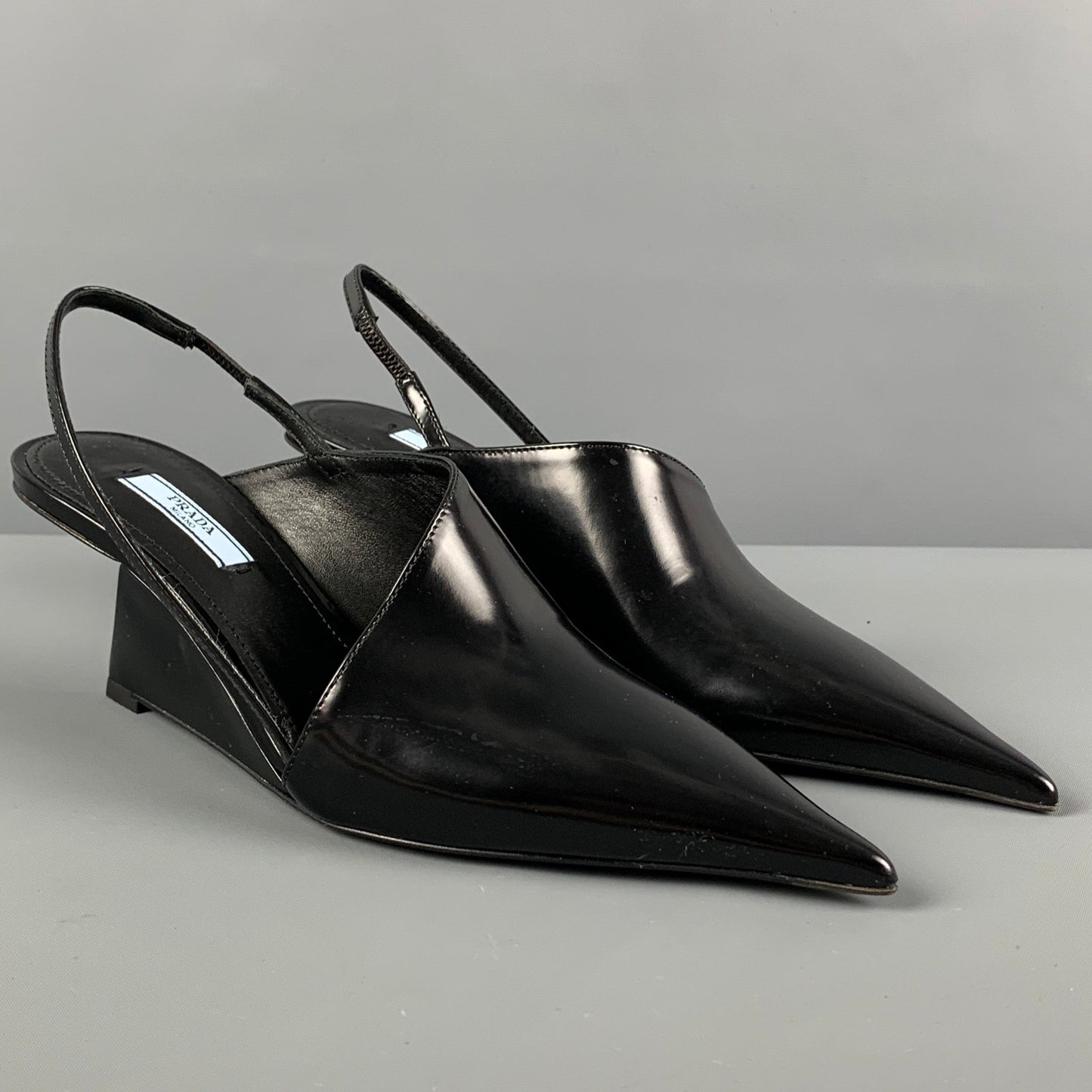 PRADA Size 7.5 Black Leather Slingback Wedge Pumps